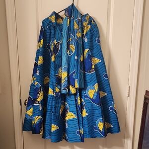 Vibrant Blue and Yellow Patterned Skirt With Headwrap